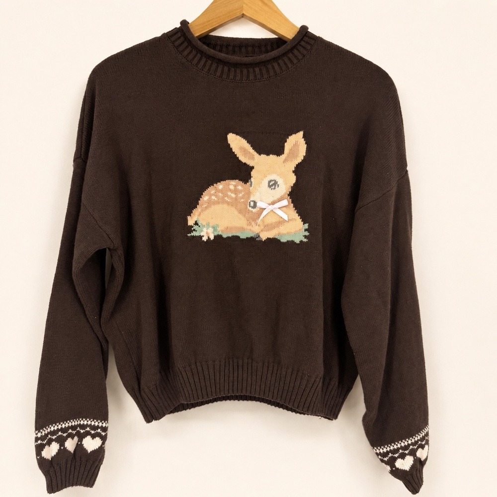 Hollister Women Medium Sweater Brown Woodland Deer Fawn Bow Heart Whimsical Twee